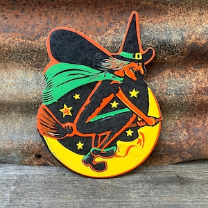 Original Vintage Halloween Witch Die Cut Cardboard Decoration 1960s  Made in USA Decorations Old