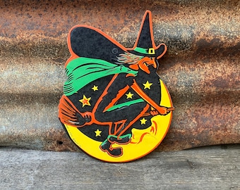 Original Vintage Halloween Witch Die Cut Cardboard Decoration 1960s  Made in USA Decorations Old