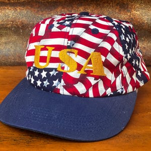 Vintage USA Baseball Hat Red White & Blue Flag Hat Advertising Cap 1990s Era 90s Fashion Men’s Hat Adjustable Snap Back Authentic Patriotic