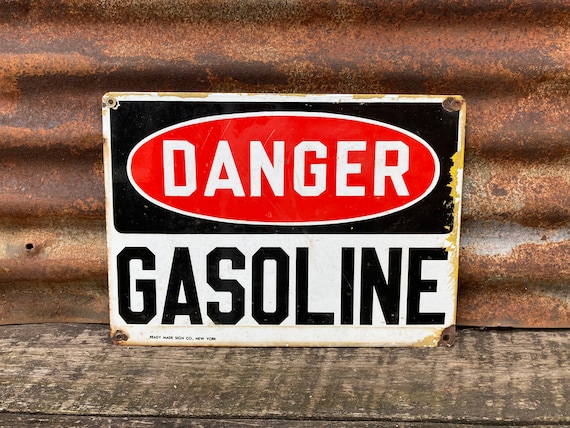 Vintage Porcelain Sign Danger Gasoline Gas Station Pump Plate Oil
