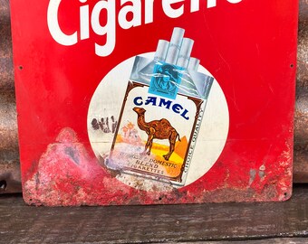 camel cigarettes metal sign Vintage Cigarette Tin Pole Mount 1993 Man Cave Treasure Smoke NIB Camels Cigarette Sign 12x18 Inch