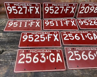 Choice of Michigan License Plate Vintage Metal 1971 Red & White