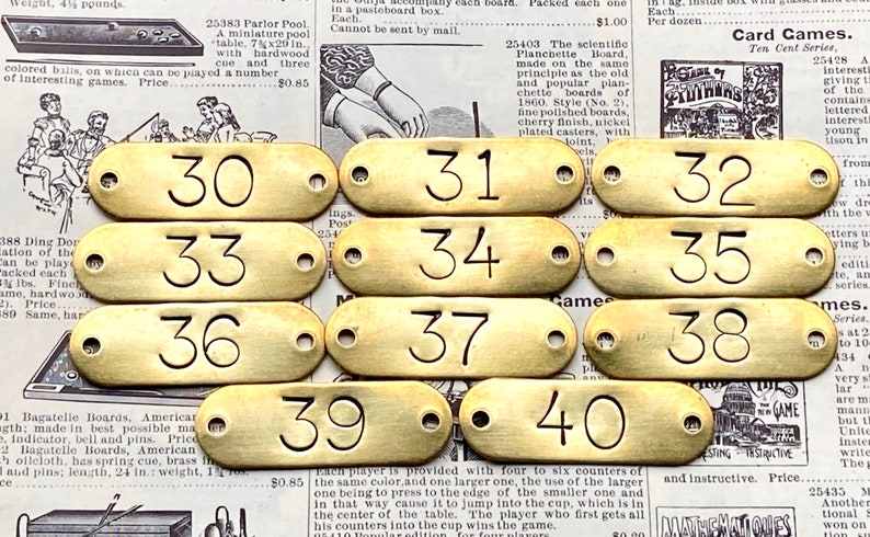 Choice Of Number Tags 30, 31, 32, 33, 34, 35, 36, 37, 38, 39, 40 Tags Brass Locker Tags Drawer Tags Numbered Furniture Tags Restoration Tag image 1