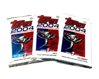 May include: Three Topps 2004 Major League Baseball Series 2 trading card packs. Each pack features a baseball player in action against a red, white, and blue background. The packs contain 10 cards and a relic card.