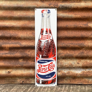 Vintage Pepsi Cola Sign 5 Cent Pepsi Sign Double Dot 1930s Style Porcelain Sign 6x21 Inch Enamel over Metal Collectible Old Dated 1992