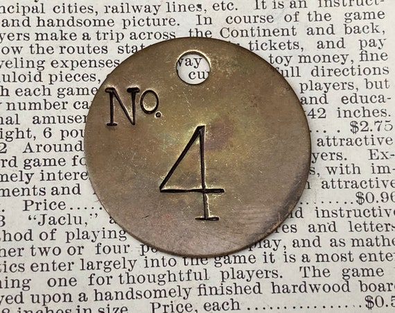 Vintage Number 4 Tag Charm Brass Tag Antique Industrial Lucky
