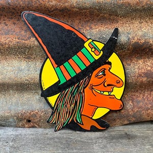 Original Vintage Halloween Witch Die Cut Cardboard Decoration 1960s  Made in USA Decorations Old 11 Inch