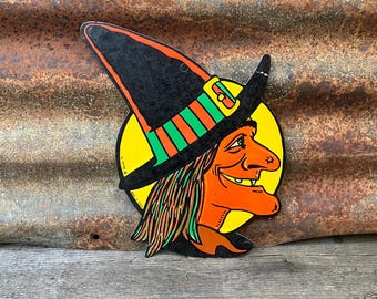 Original Vintage Halloween Witch Die Cut Cardboard Decoration 1960s  Made in USA Decorations Old 11 Inch