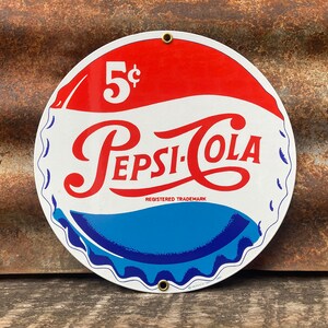 Vintage Pepsi Cola Sign 5 Cent Pepsi Sign 1930s Style Porcelain Button Cap Sign 8 Inch Enamel over Metal Collectible Old Dated 1991
