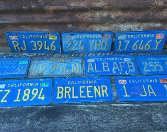 May include: Ten vintage blue California license plates with yellow lettering. The plates feature a variety of license plate numbers, including RJ 3946, 224 YHD, 17 646 Y, 19 954N, ALB AFB, 255 N, TZ 1894, BRLEENR, and 1 JA 1.