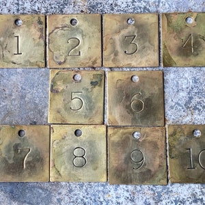Choice of Tag Number 1, 2, 3, 4, 5, 6, 7, 8, 9, 10 Vintage Metal Cattle Tag Square Brass Cow Tag Keychain Fob Large 1 1/2 Inch