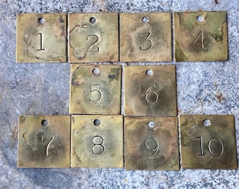 Choice of Tag Number 1, 2, 3, 4, 5, 6, 7, 8, 9, 10 Vintage Metal Cattle Tag Square Brass Cow Tag Keychain Fob Large 1 1/2 Inch