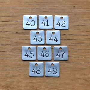 May include: Ten silver metal tags with numbers 40 through 49 printed on them.