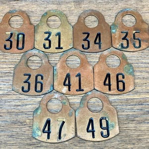Choice of Brass Cattle Tag Numbers 30, 31, 34, 35, 36, 41, 46, 47, 49 Vintage Antique Cow Tag Keychain ID Rustic Fob Wedding S