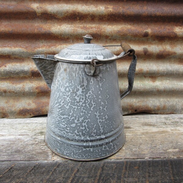Large Antique Graniteware Coffee Pot or Tea Pot Gray Enamelware Country Kitchen Vintage Cookware Cooking Rustic Cabin Camping Primitive vtg