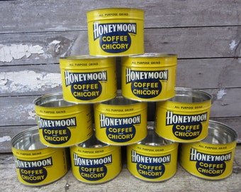 Vintage Honeymoon Coffee Can Price per (1) Yellow Blue White Honey Moon Chicory Coffee Tin New Orleans Louisiana Retro Original NOS old