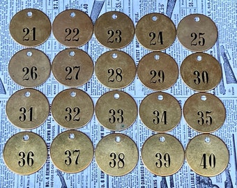 Choice of Tag Number 21, 22, 23, 24, 25, 26, 27, 28, 29, 30, 31, 32, 33, 34, 35, 36, 37, 38, 39, 40 Vintage Metal Keychain Fob Brass Tag