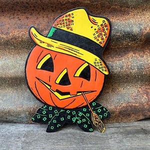 Original Vintage Halloween Pumpkin with Hat and Straw Die Cut Cardboard Decoration 1960s  Made in USA Decorations Old
