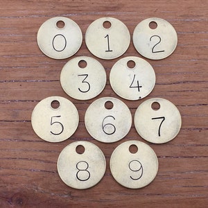 Choice of Tag 0, 1, 2, 3, 4, 5, 6, 7, 8, 9 Vintage Metal Number Tags 1 Inch Tag Numbered Tags Keychain Tag Key Chain Fob Hand Stamped Brass