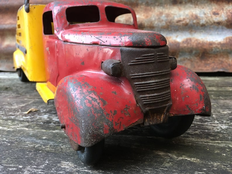 Vintage Metal Toy Truck Turner Toys Wapakaneta Ohio 1940s era Pressed Steel Truck Cab Delivery large 18 12 Inch Aged Old Toy Vehicle Old