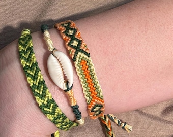Stack of Green Heart and Shell Handwoven Cotton Friendship Bracelet Set: Minimalist Boho Jewelry