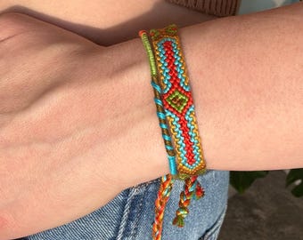 Long Diamond Patterned Friendship Bracelet Boho Tribal Red Turqouise Tan