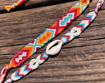 Set of Shelled Pink Blue Orange Handwoven Cotton Friendship Bracelets: Minimalist Boho Jewelry