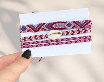 Handwoven Cotton Friendship Bracelet Set: Pink & Purple Boho Jewelry
