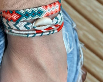 Handwoven Coral Friendship Bracelet: Boho Cotton Jewelry