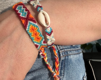 Shell Pink Blue Orange Handwoven Cotton Friendship Bracelet Set: Minimalist Boho Jewelry