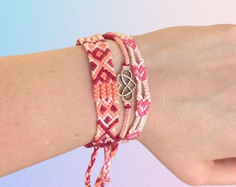 Lover Pink Heart Handwoven Cotton Friendship Bracelet Set: Minimalist Boho Jewelry
