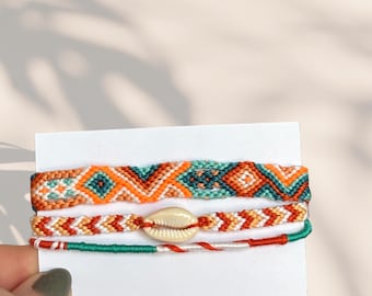 Turquoise and Orange Beach Handwoven Cotton Friendship Bracelet Set: Minimalist Boho Jewelry
