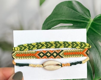 Green Heart and Shell Handwoven Cotton Friendship Bracelet Set: Minimalist Boho Jewelry
