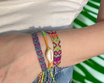 Neon Green Purple Native Handwoven Cotton Friendship Bracelet Set: Minimalist Boho Jewelry