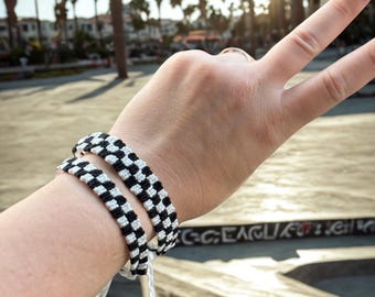 Black White Checkerboard Cotton Bracelet, Skater Boho Jewelry