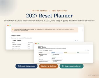 Plantilla de Notion para el Planificador de Reinicio 2027 / Planificador de Metas, Seguimiento de Hábitos, Revisión Semanal, Reinicio Mensual, Reinicio de Enero