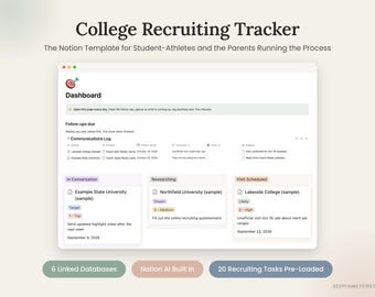 Plantilla de Notion para el seguimiento del reclutamiento universitario / Contactos, visitas, ofertas y plazos de los estudiantes deportistas y sus entrenadores