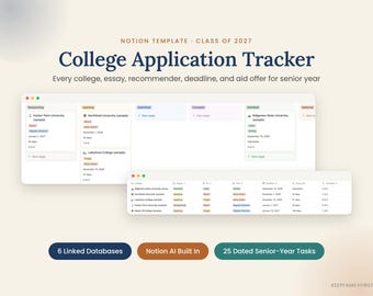 Plantilla de Notion para el seguimiento de solicitudes universitarias / Planificador del último año de secundaria, seguimiento de ensayos, fechas límite, ayuda financiera