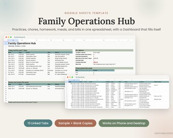 Plantilla de Google Sheets para planificación familiar / Organizador familiar deportivo, tabla de tareas, planificador de comidas, seguimiento del presupuesto