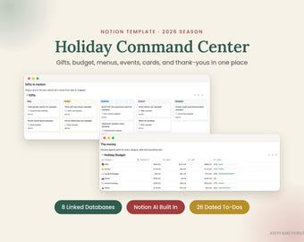 Plantilla de Notion para planificador de vacaciones 2026 / Seguimiento de regalos de Navidad, presupuesto, menú, notas de agradecimiento