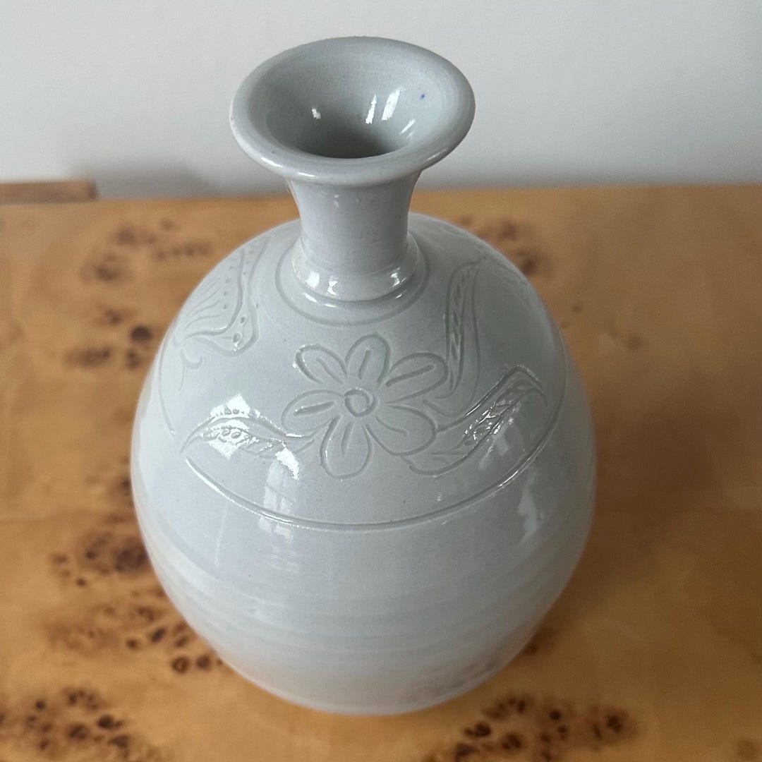 Vintage 1978 Studio Pottery Vase | Hand Thrown Celadon Gray Floral ...