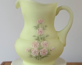 Fenton Custard Glass Creamer: Hand-Painted Pink Floral, Signed Patsy Hesson, UV Reactive
