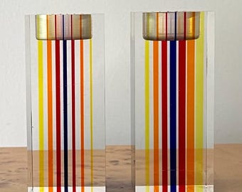 Vintage Lucite Striped Candle Holders Pair | Postmodern Acrylic Candlesticks | Memphis Style Decor