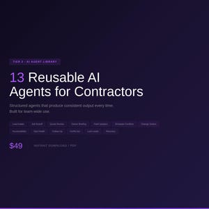 May include: A digital product advertisement on a dark purple background. The text reads "13 Reusable AI Agents for Contractors." Below, a list of features is displayed. The price is $49.