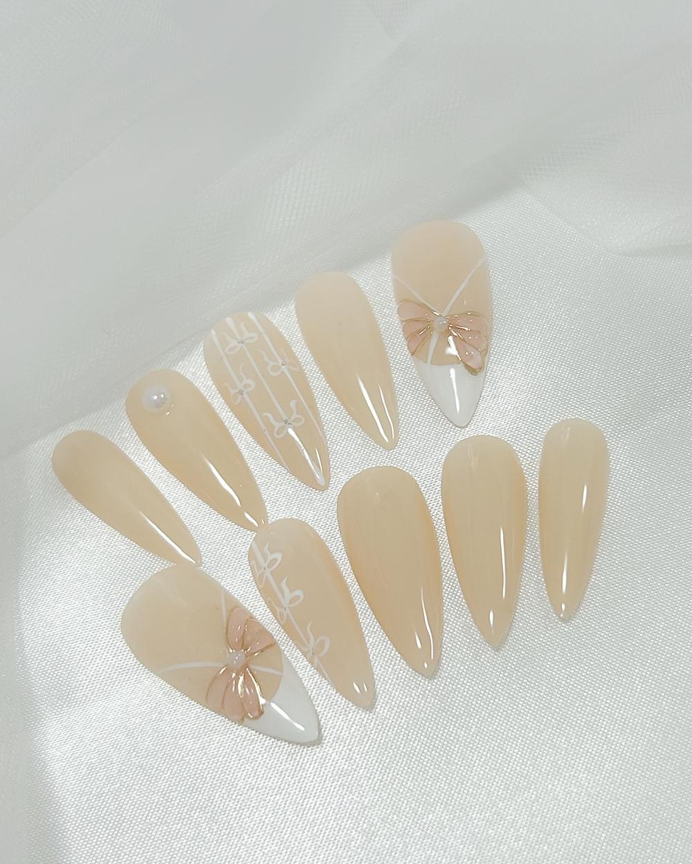 Balletcore Press-on Nails | Nude Beige & White Ribbon Design | Kawaii ...