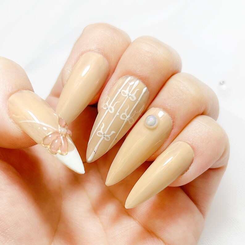 Balletcore Press-on Nails | Nude Beige & White Ribbon Design | Kawaii ...