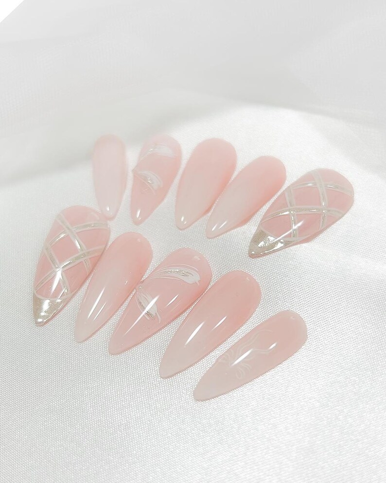 Balletcore Press-on Nails | Pink Gradient & Silver Ribbon Design ...