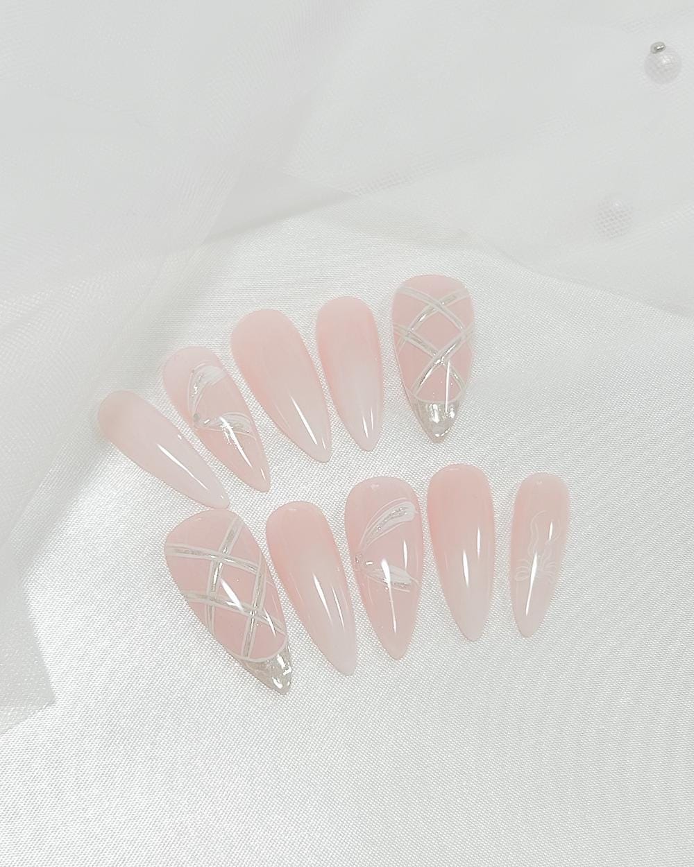 Balletcore Press-on Nails | Pink Gradient & Silver Ribbon Design ...