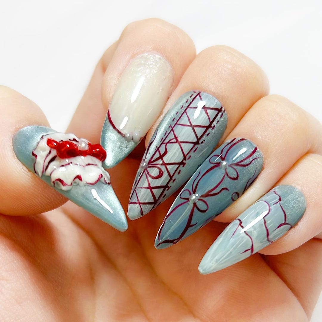 Balletcore Press on Nails Blue Magnetic Nails Wine Red Ribbon Nails ...
