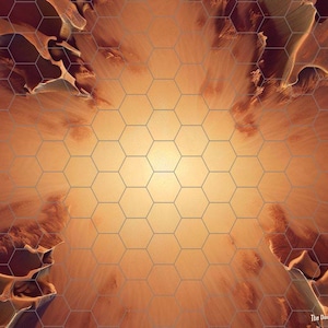 May include: An abstract digital artwork with a warm colour scheme and a honeycomb grid overlay. The background features a textured design in shades of brown and orange, with a central, sun-like glow.